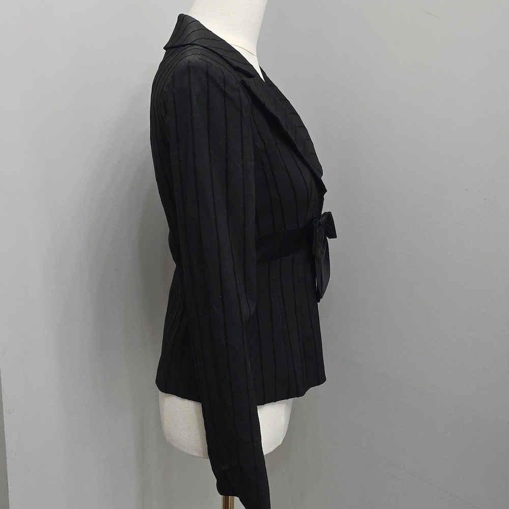 Nanette Lepore Vintage Black Tailored Pinstripe Tuxedo Blazer with Satin Bow - Picture 4 of 8
